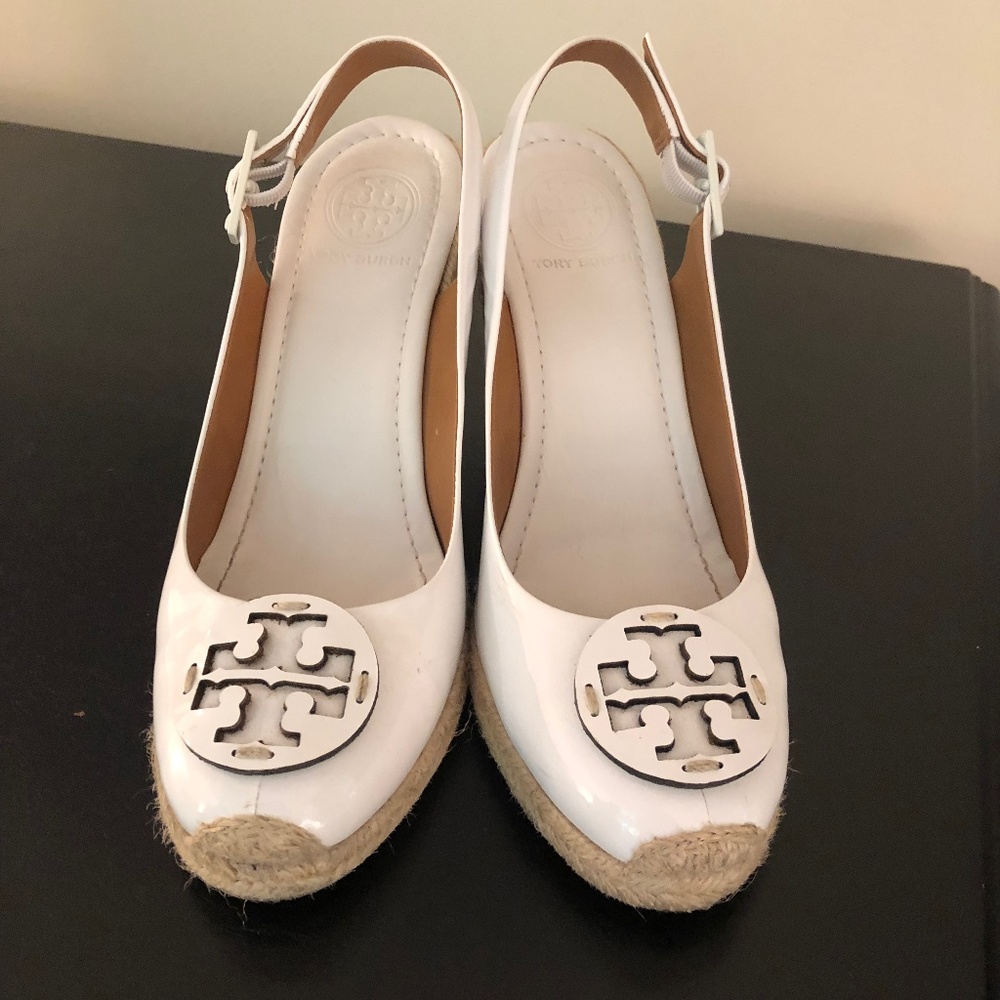 White Tory Burch Wedge Sandals.
